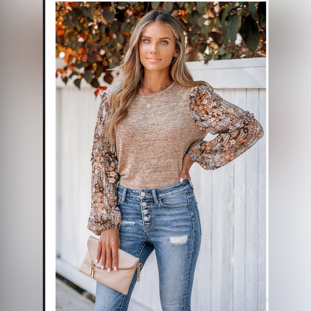 CupShe Marled Top with Floral Sleeves Size M